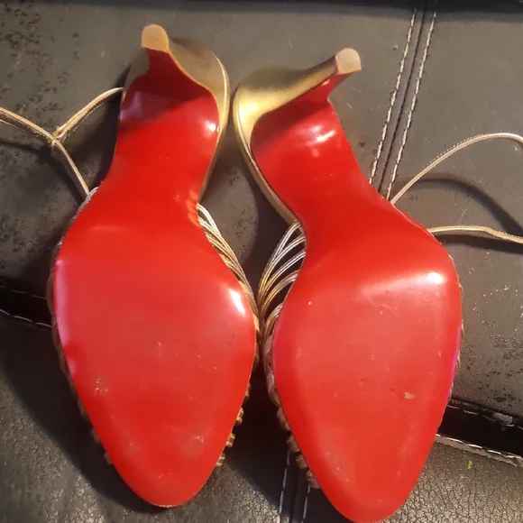 Christian Louboutin Metallic Gold Strappy Slingback Heels - Picture 4 of 6